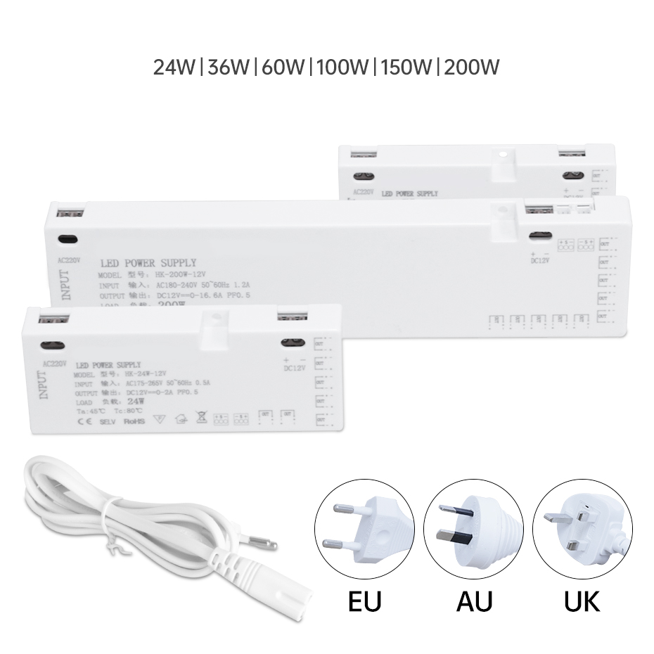 DC12V/24V LED Cabinet Light Strip Driver 24W-200W EU/AU/UK Plug Transformer Power Supply AC220V for Home Wardrobe Shelf Lighting
