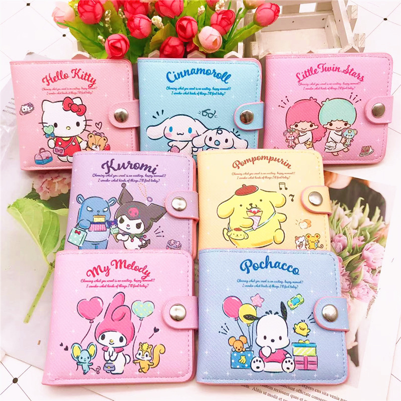 Sanrio hello kitty cinnamoroll minha melodia kuromi novo pu casual saco de dinheiro moeda bolsa cartão pacote carteira com botões ﻿
