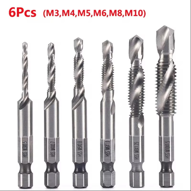 Hex Shank ไทเทเนียมชุบ HSS สกรูด้ายเมตริกเจาะ Bits สกรูเครื่อง Compound Tap M3 M4 M5 M6 M8 M10 เครื่องมือ