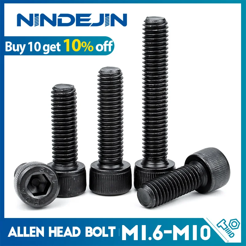 NINDEJIN Болты с шестигранной головкой и шестигранной головкой M1.6 M2 M2.5 M3 M4 M5 M6 M8 M10 12.9 Винт с шестигранной головкой из углеродистой стали DIN912