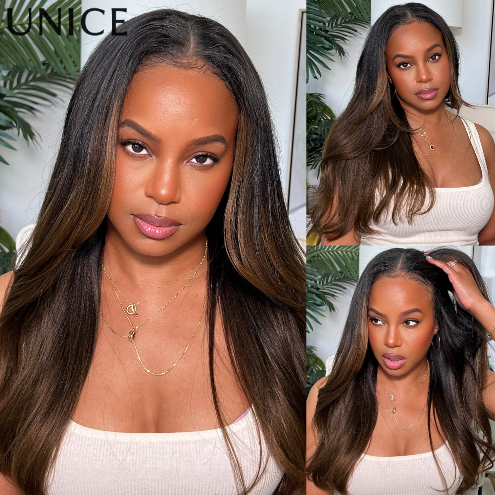 Peluca UNice Chestnut Brown Yaki con parte en V, pelucas de cabello 100% humano con cordón, peluca sin pegamento para principiantes, densidad del 150%