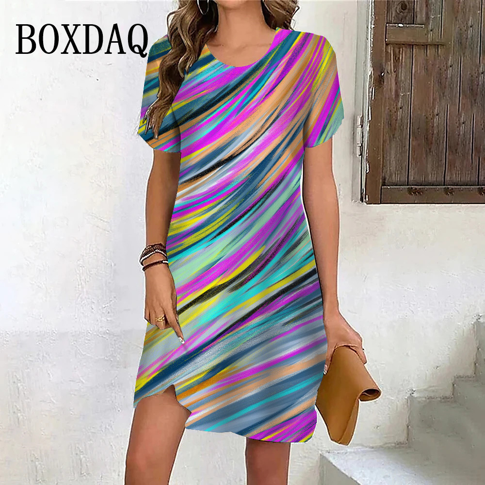 Nueva moda de verano gradiente Arco Iris raya vestidos de manga corta para mujeres 2024 de talla grande Casual cuello redondo estampado ropa de fiesta suelta