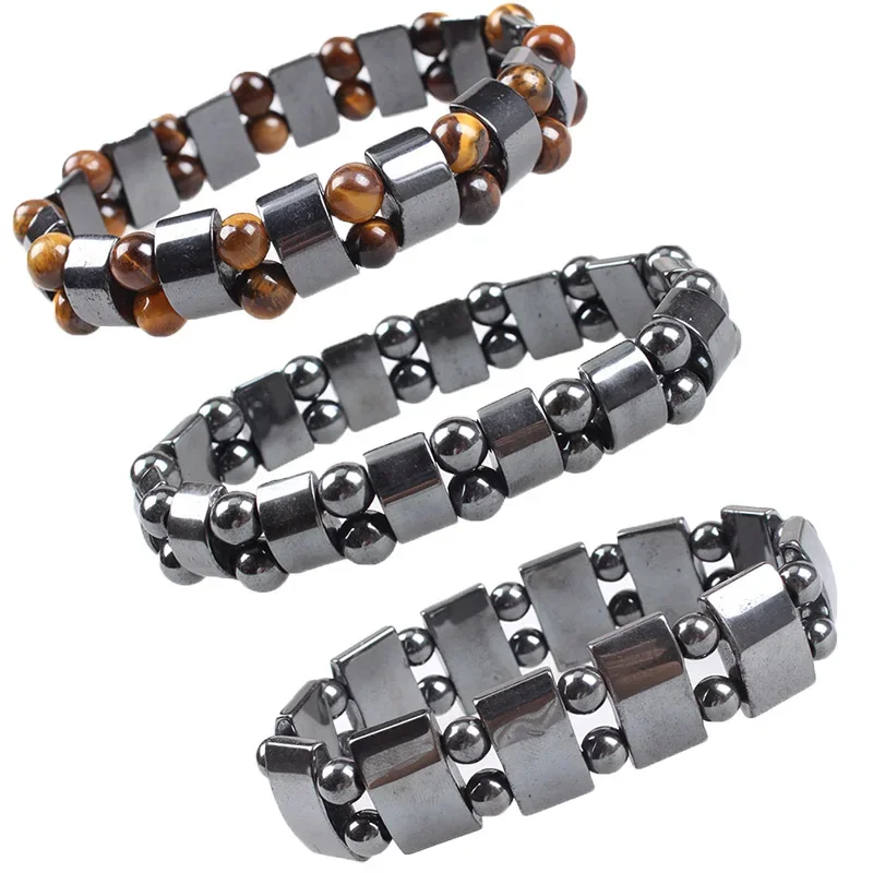 Homem mulher contas de pedra natural olho de tigre hematita charme pulseiras masculino olho de tigre & hematita energia pedra pulseiras yoga pulseira