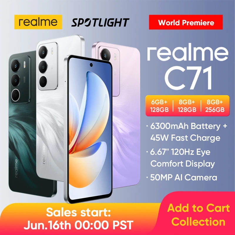 [รอบปฐมทัศน์โลก] realme C71 สมาร์ทโฟน 6300mAh แบตเตอรี่ 45W 6.67 "120Hz 50MP กล้อง UNISOC T7250 ชิปเซ็ต NFC IP64