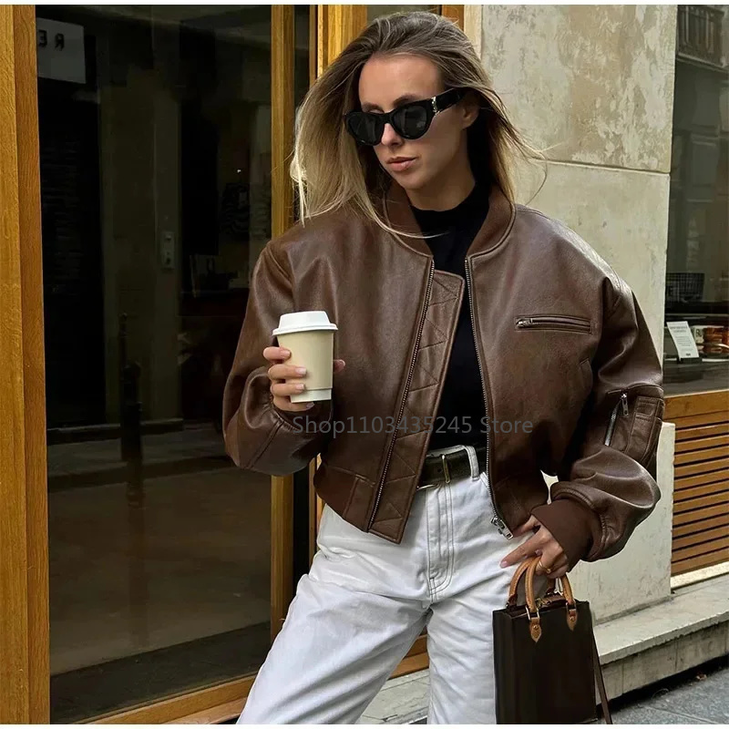 Ins-Chaqueta corta de cuero con cremallera para mujer, abrigo corto de PU con cuello redondo, de manga larga, color marrón, holgado, para otoño