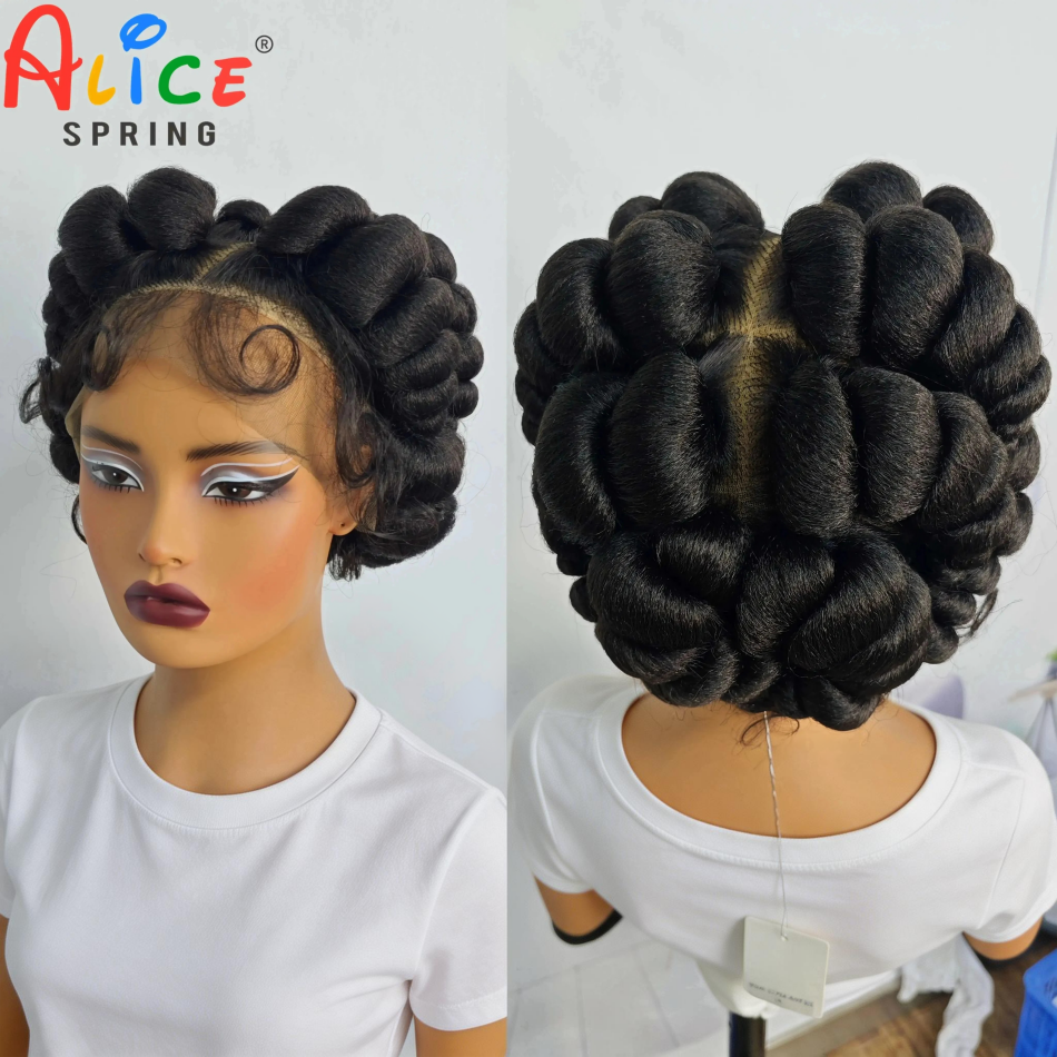 Wig kepang renda penuh transparan 6 inci warna alami Wig pendek lucu buatan tangan Bantu sintetis jalinan renda Wig tanpa simpul