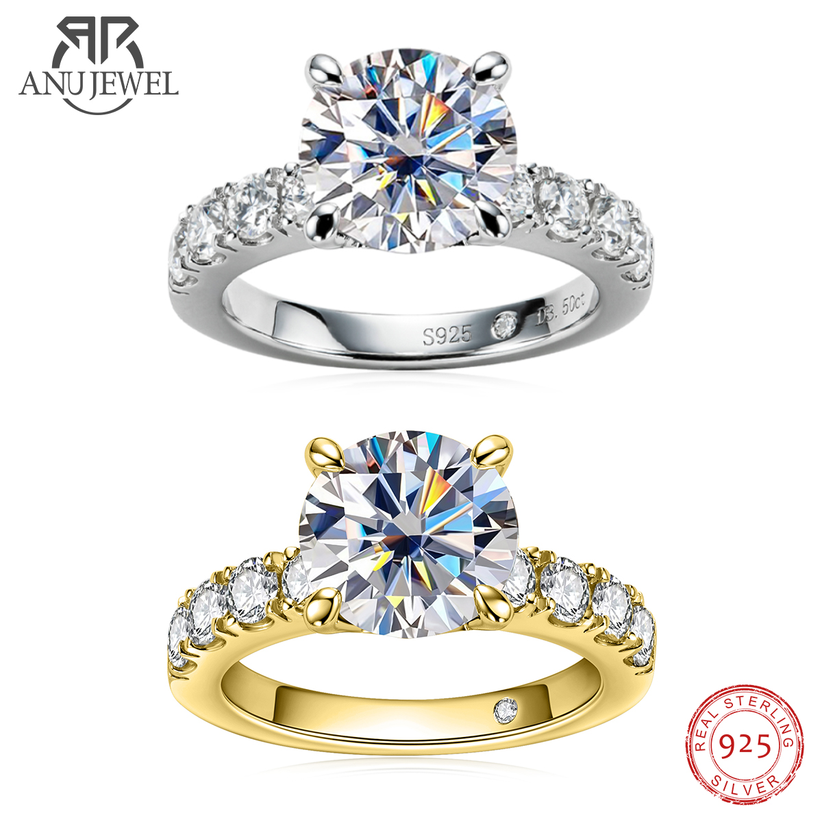 AnuJewel 4.3cttw D Kleur Moissanite Verlovingsringen 925 Sterling Zilver 18k Vergulde Lab Gemaakt Diamond Wedding Band Ringen