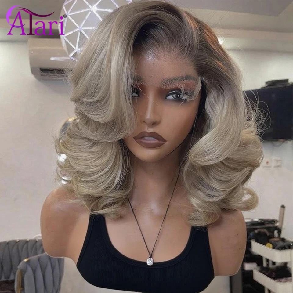 Raíces marrones Ceniza Ombre Pelucas de cabello humano ondulado Bob 180 Densidad 13x4 Actualización frontal de encaje completo Onda del cuerpo Peluca corta Bob rubia ceniza