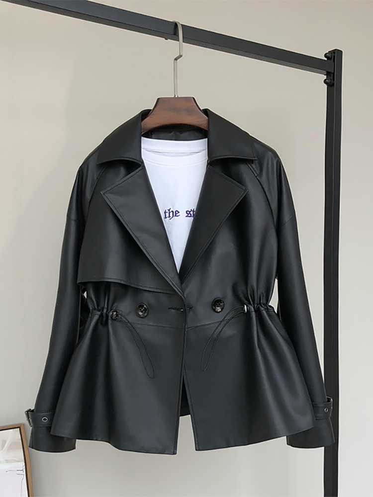 Nerazzurri-gabardina corta de piel sintética para mujer, abrigo suave de color negro con cordón y manga raglán, solapa de doble botonadura, a la moda, Primavera