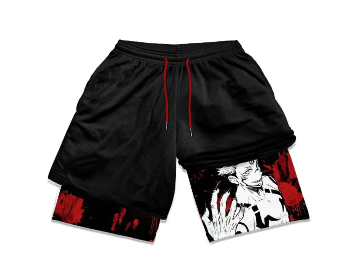 Pantalones cortos de doble capa para hombre, shorts de Anime de cintura alta, de gran tamaño, transpirables, para gimnasio, entrenamiento y Fitness