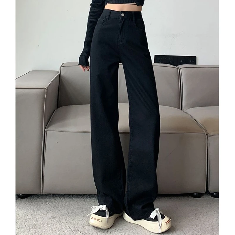 Kobieta Wysoka talia Slim Fit Szerokie nogawki Jeansy Kobieta Y2k 2000s Casual Straight Leg Pants Girls Fashion Black Loose Denim Trouserse