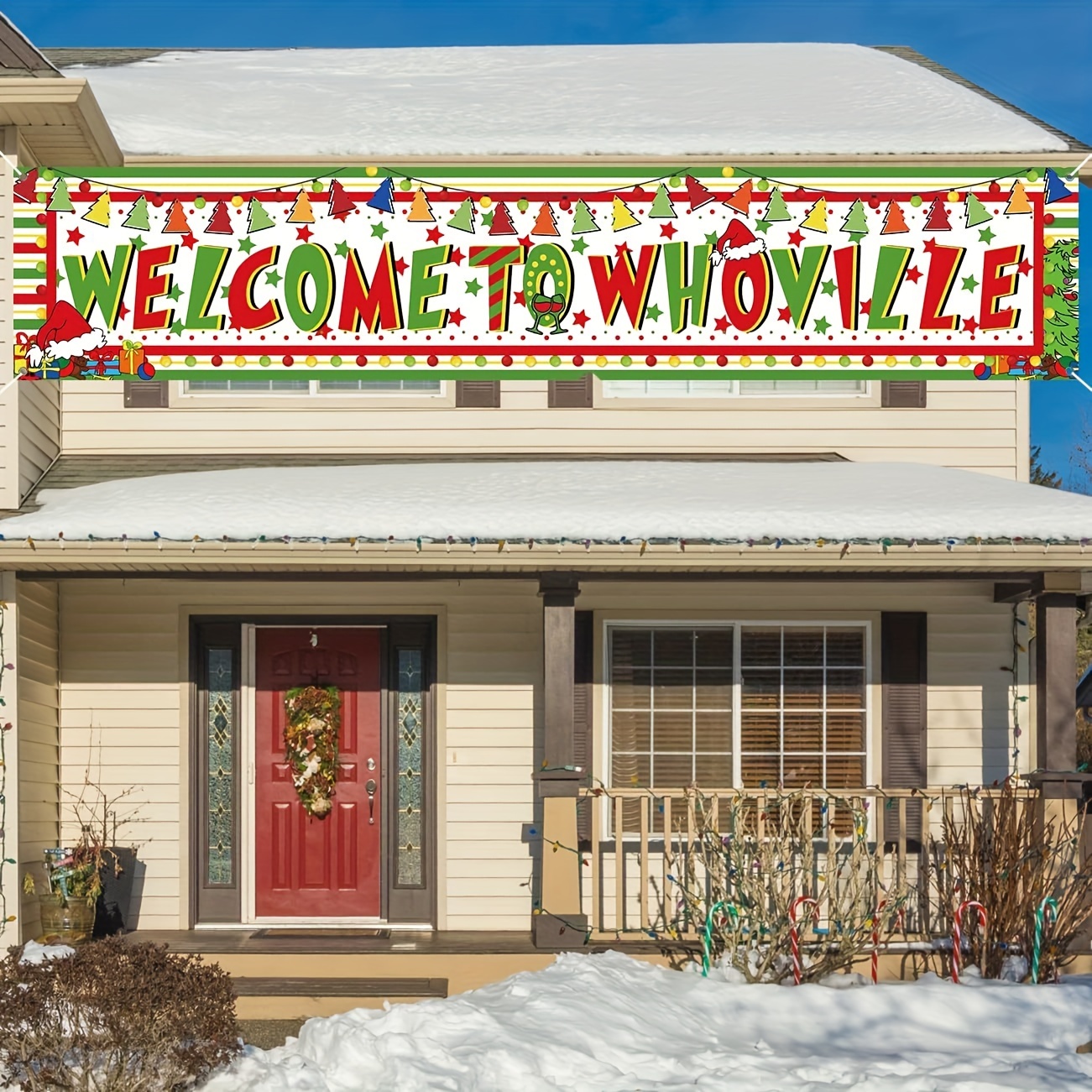 Grande Banner di decorazioni natalizie Whoville benvenuto a Whoville Yard Sign Hanging Banner decorazioni natalizie all'aperto Grinch
