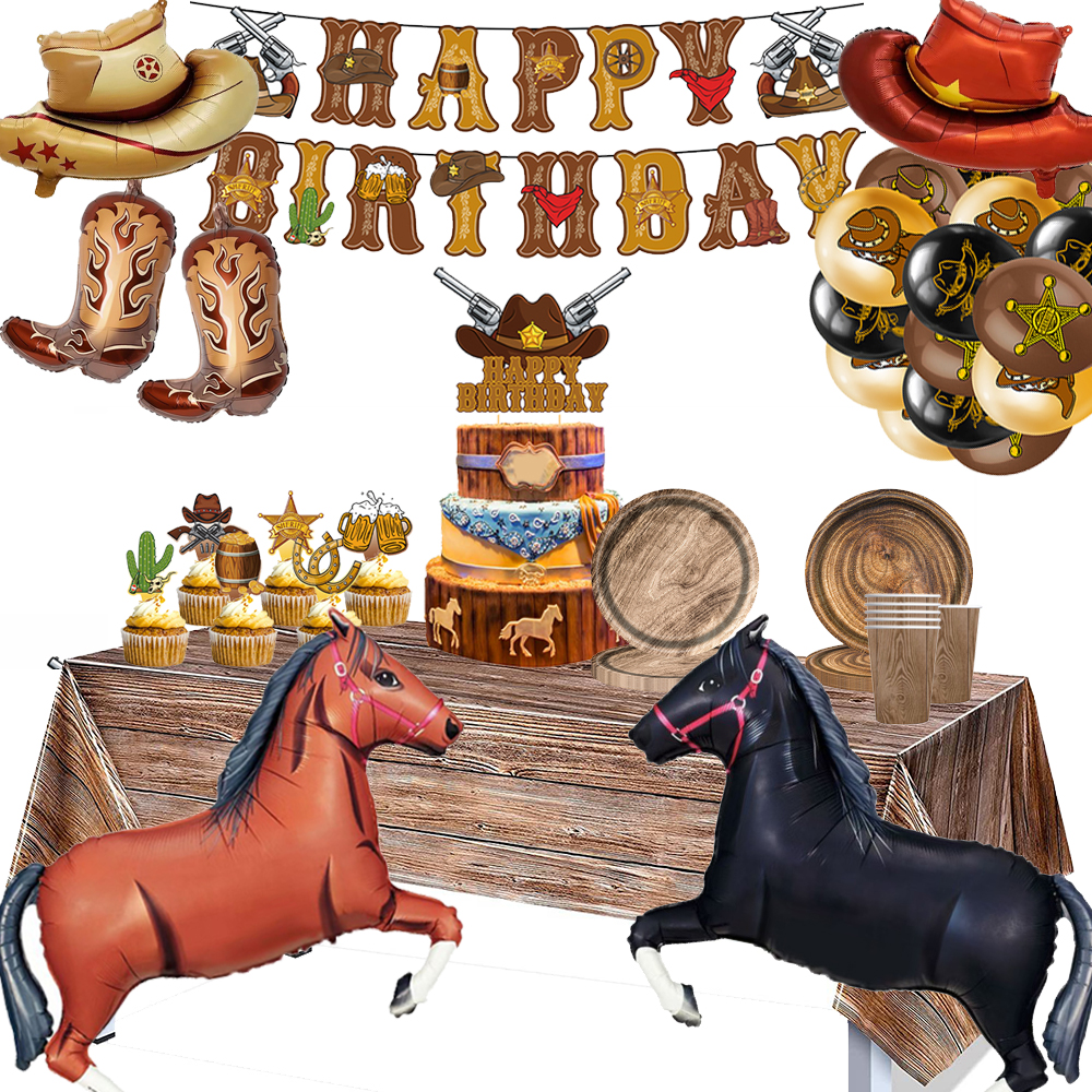Horse Birthday Decoration Banner Balloon Wood Grain Plastic Tablecloth Paper Plate for Rustic Western Barn Cowboy Party Supplies