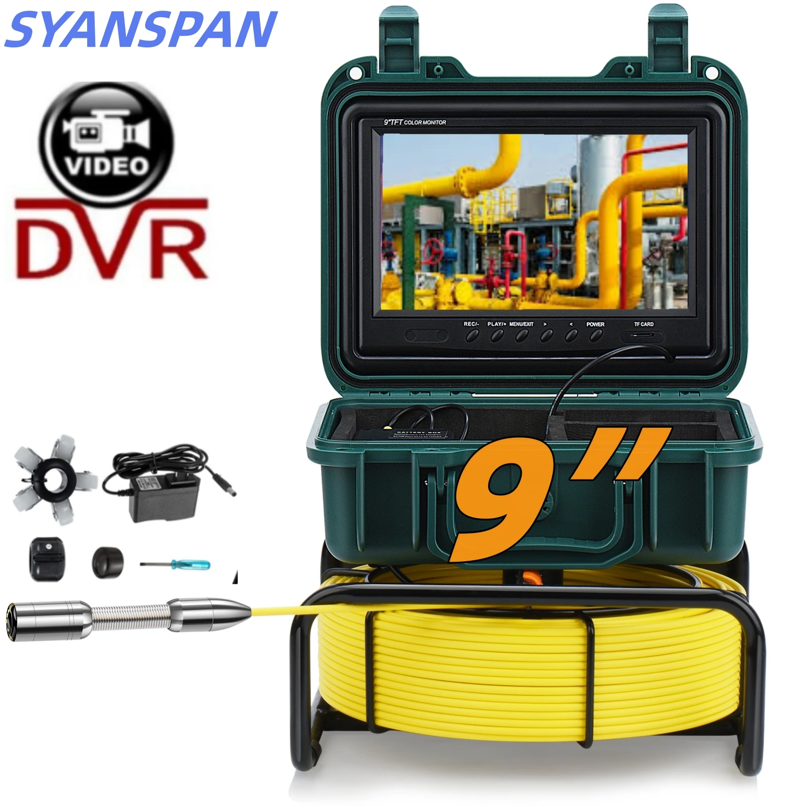Камера для осмотра канализационных труб DVR Видео SYANSPAN 9-дюймовый экран HD1080P + 8-кратный зум, дренажная промышленная эндоскопическая камера IP68 водонепроницаемая