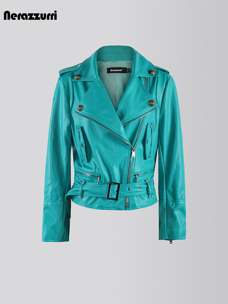 Nerazzurri-Chaqueta corta de piel sintética para mujer, abrigo de gran tamaño, suave y elegante, color verde, con cremallera y cinturón, a la moda, para primavera y otoño