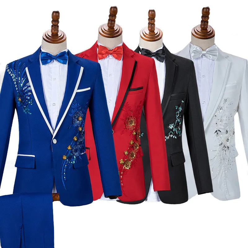 Moda Uomo Abito da sposa di lusso 2 pezzi Blu / Nero Cantante alla moda Host Dance Party Decal Dress Set Giacca e pantaloni maschili slim