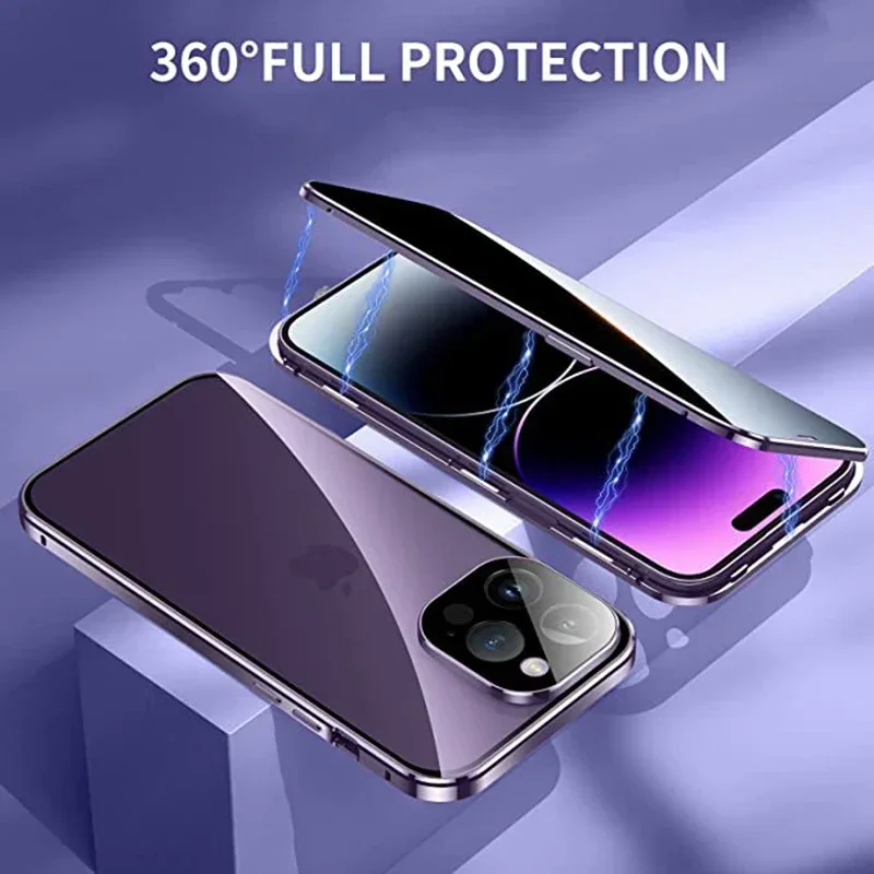360 ป้องกันหัวเข็มขัดสองด้านสําหรับiPhone 12 13 14 15 16 17 Pro MaxAnti Peepingความเป็นส่วนตัวโลหะแม่เหล็กกรณี