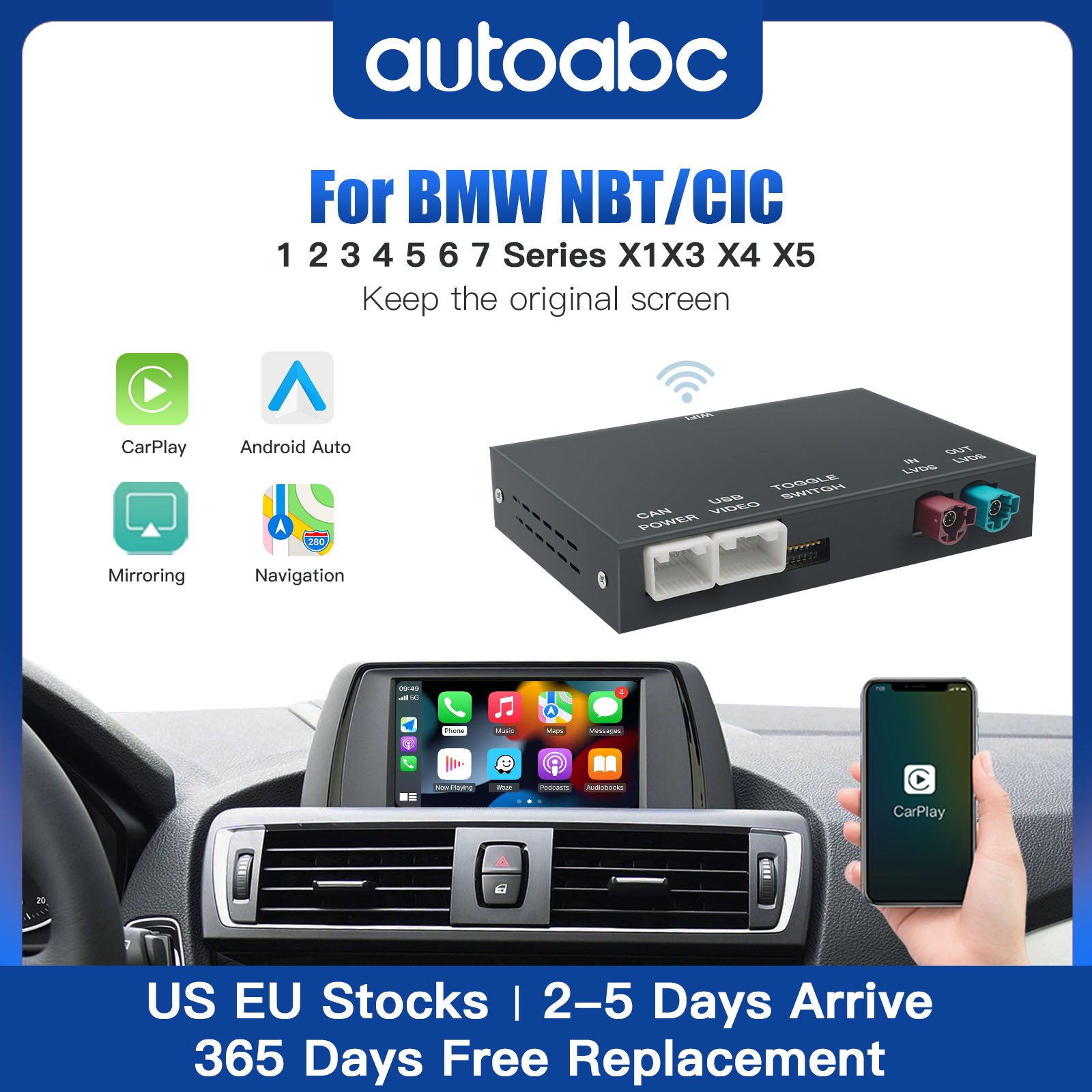 Bezprzewodowy CarPlay Android Auto dla systemu BMW NBT CIC 1 2 3 4 5 7 serii  X1 X3 X4 X5 F20 F21 F23 F30 F31 F34 F35 F32 F10 F11 F48 F25 F26 F15 E60 E84 Obsługuje Airplay i Mirror Link, nieoryginalną kamerę OEM