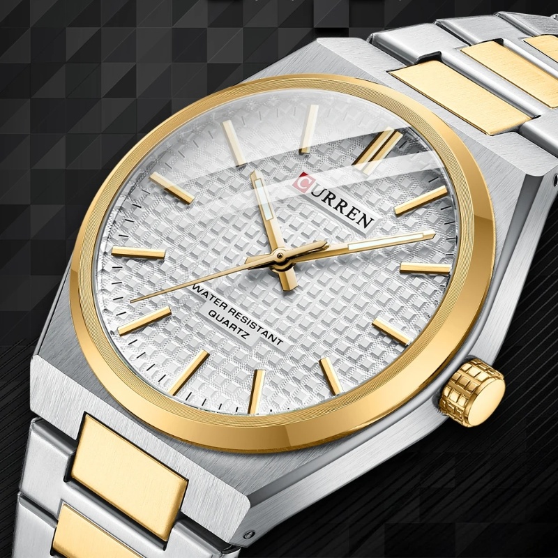 CURREN 8439 นาฬิกาควอตซ์นาฬิกาข้อมือ Tough Silvery Gold Leisure ธุรกิจสแตนเลสสตีลนาฬิกาข้อมือสําหรับชายของขวัญ