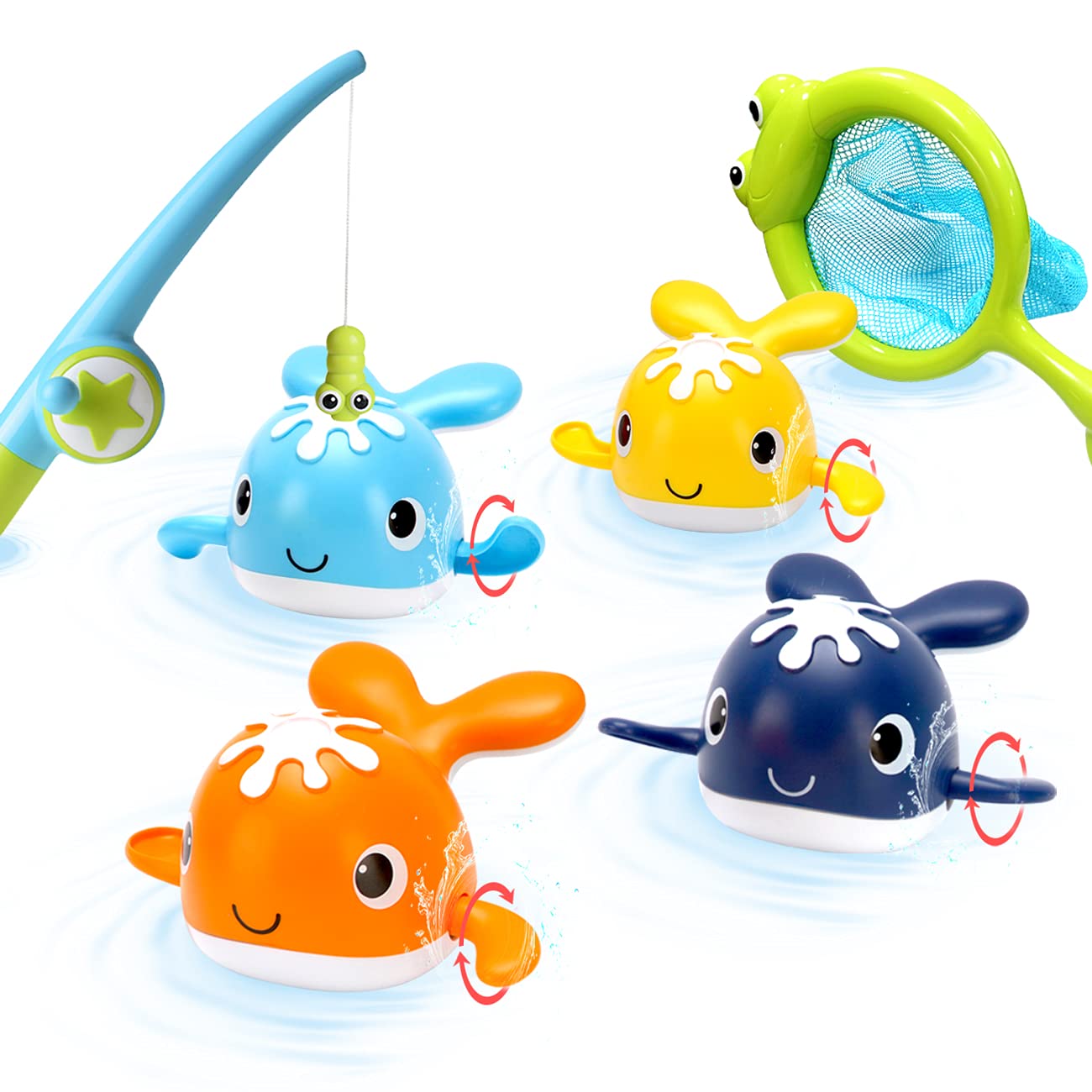 Juguetes de pesca magnéticos para baño de bebé, ballenas de natación de cuerda, juguete para bañera, juego de pesca, juego de juguetes para bañera de agua con red de caña de pescar para niños