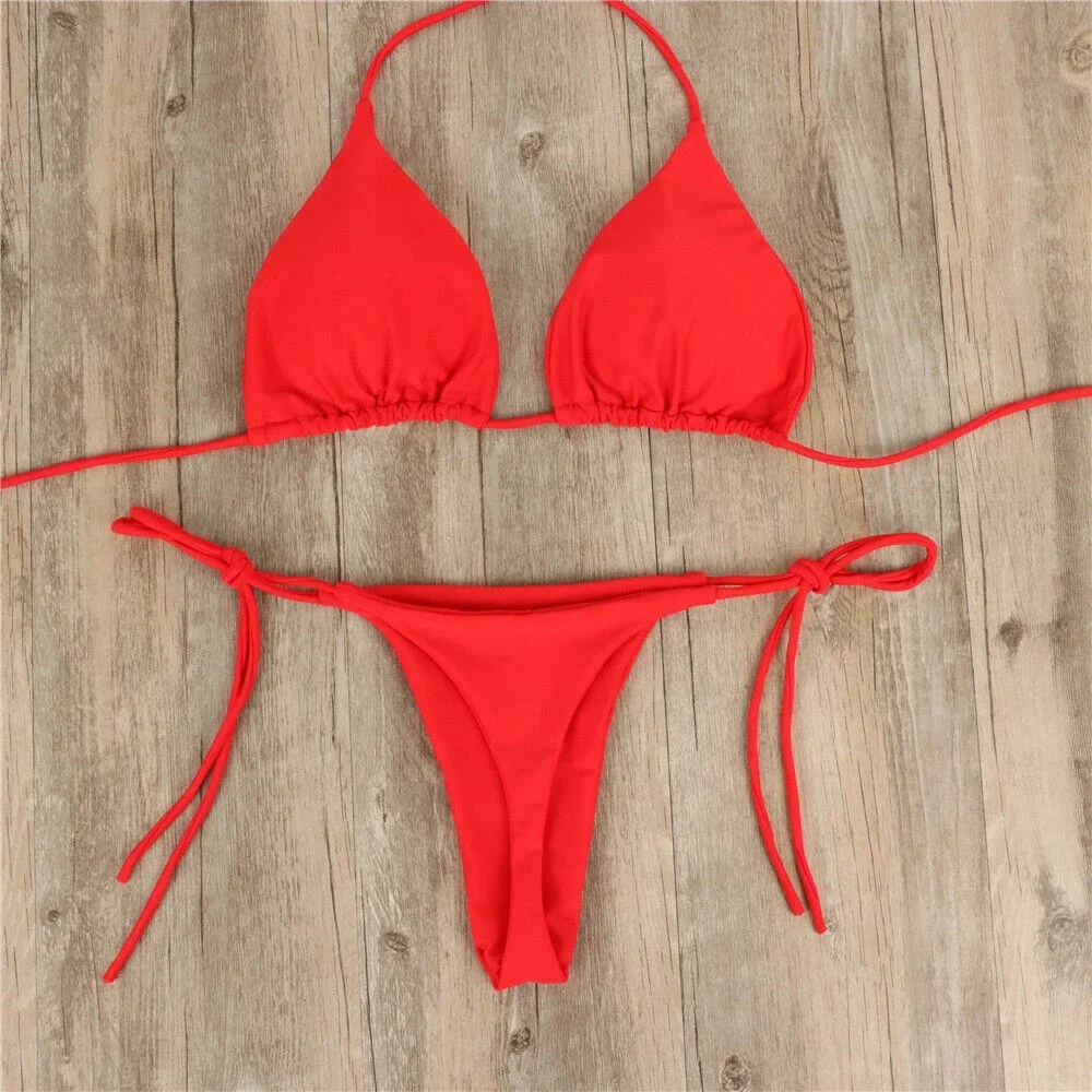 Conjunto de Bikini con Tanga para mujer, traje de baño Sexy con lazo lateral, estilo vendaje, traje de baño brasileño con cuello colgante, conjunto de traje de baño ajustable de Color sólido