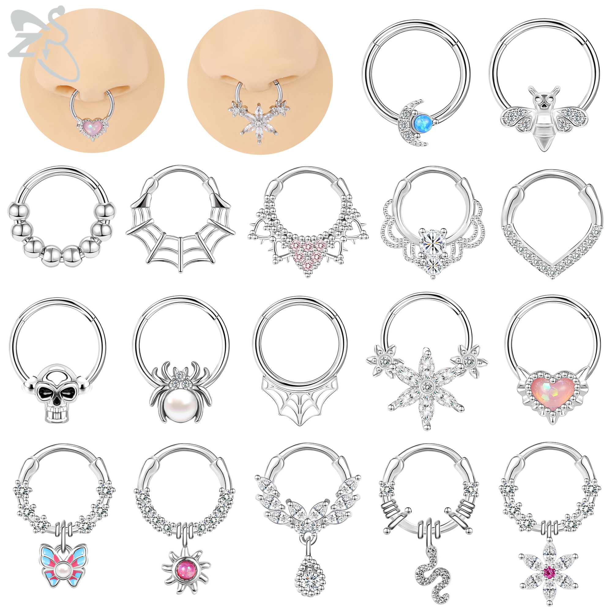 ZS 1 pieza lindo 16G anillo de tabique de acero inoxidable telaraña corazón narina Piercing CZ cristal oreja hélice cartílago pendiente joyería