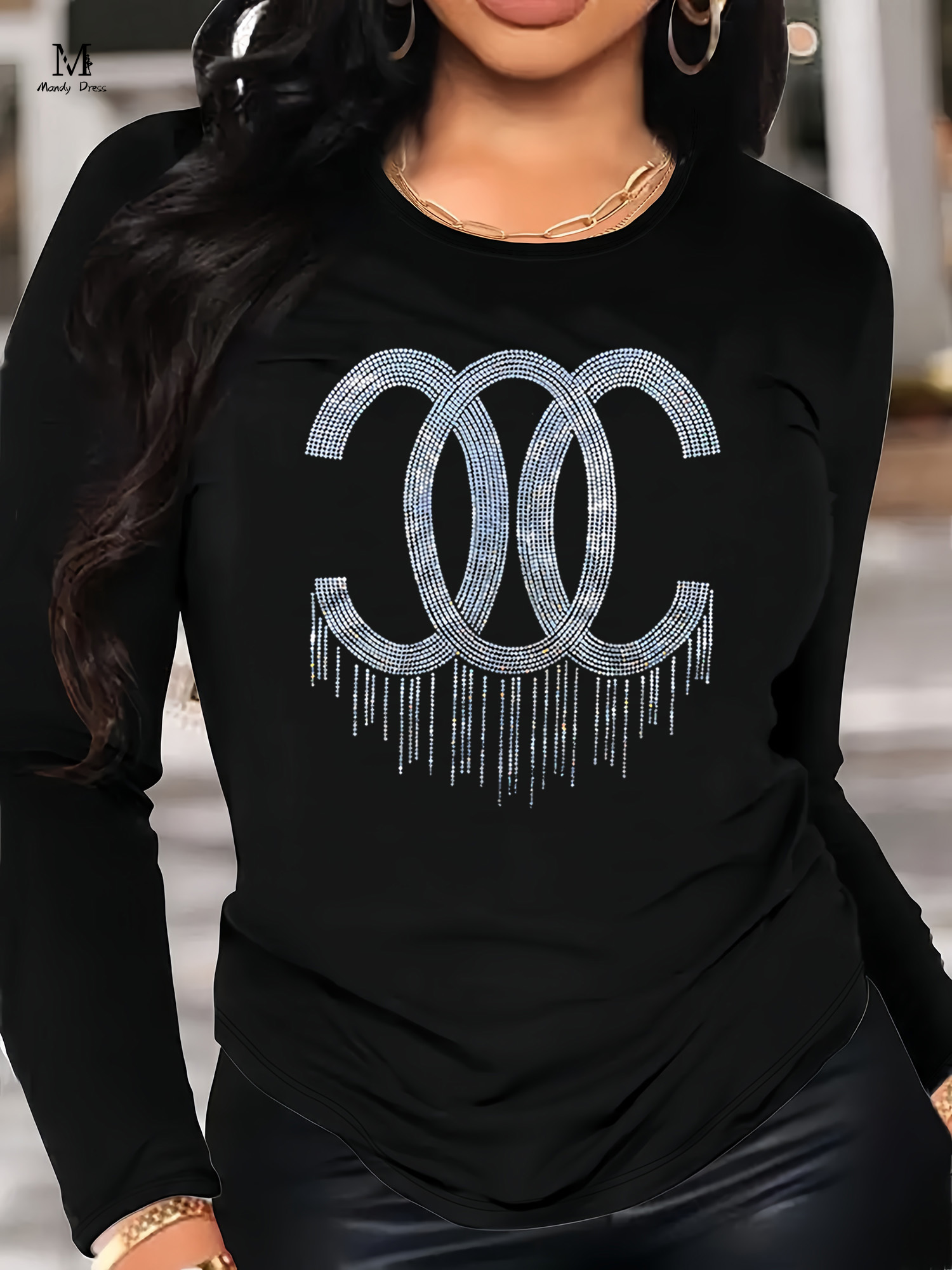 Camiseta de manga larga de talla grande para mujer, cuello redondo con lentejuelas, ropa holgada de otoño e invierno, camiseta negra elegante de gran tamaño para mujer
