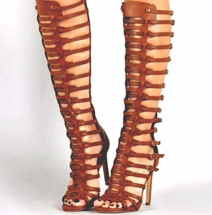 Sexy Women Cross Leather Strappy Summer Knee High Boots Small Buckles Back Thin High Heels Women Long Hollow Sandals Boots