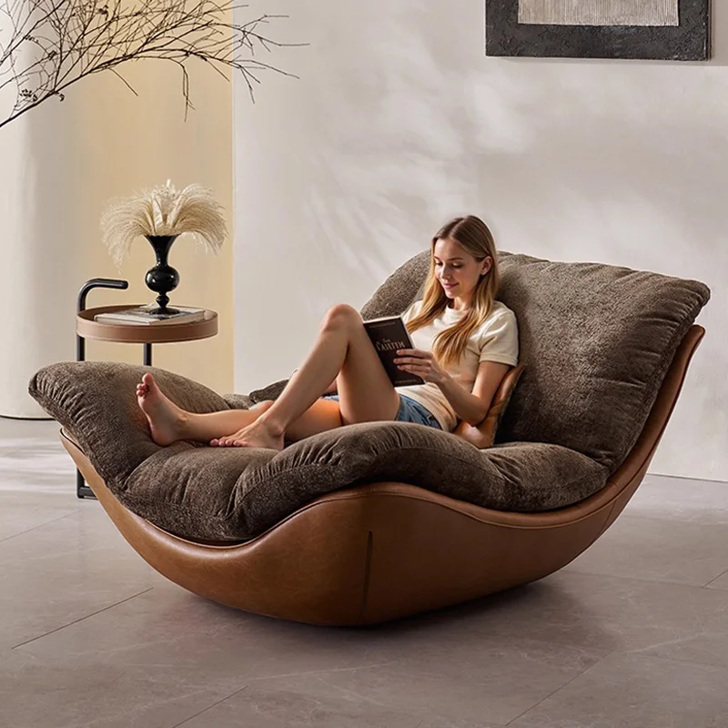 #Nordic Italian Minimalism Genuine Leather Living Room Lounge Chair Sofa Recliner High-end Bedroom Home Furniture Wood Legs