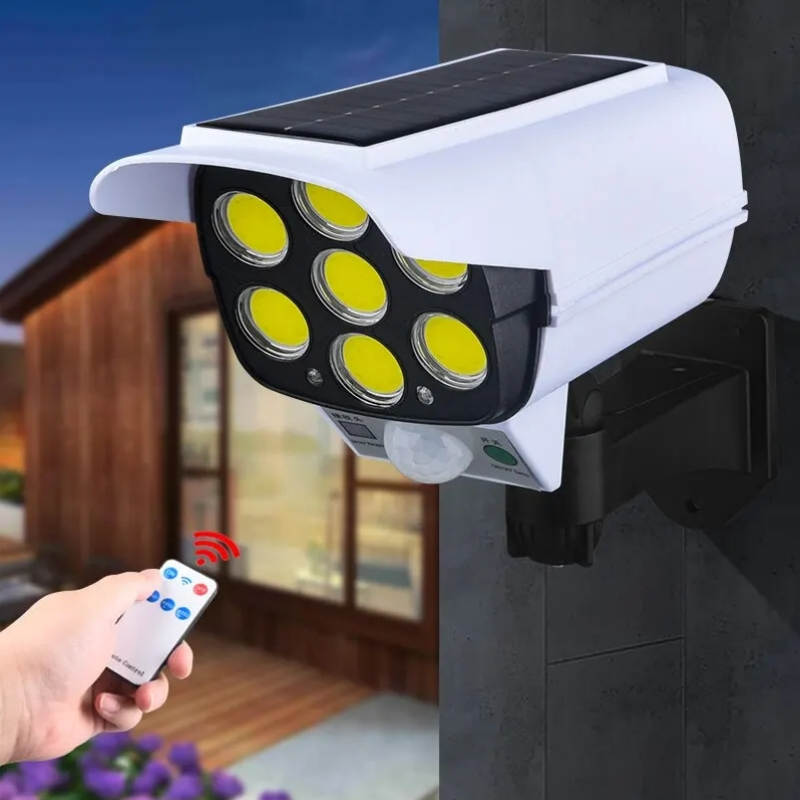 Multi-ângulo iluminação controle remoto, solar powered simulação monitoramento, indução parede lâmpada com luz vermelha aviso, 3 modos
