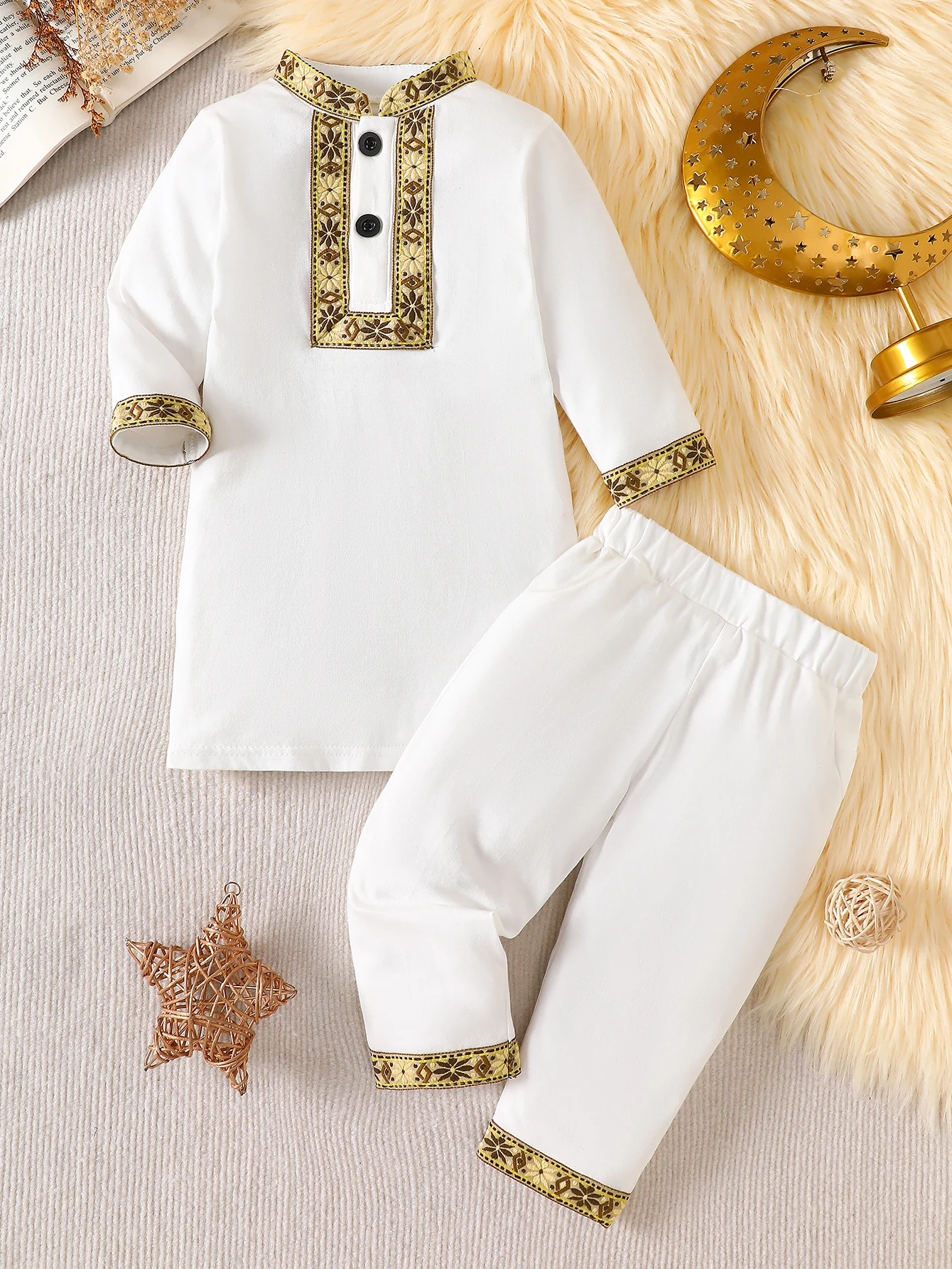 IURNXB Conjunto de Ropa Tradicional de Oriente Medio para Niños, Thobe, Pantalones de Vestir para Festival de Dubái, Adornos Dorados, Ropa Étnica Musulmana para Niños de 1 a 3 Años