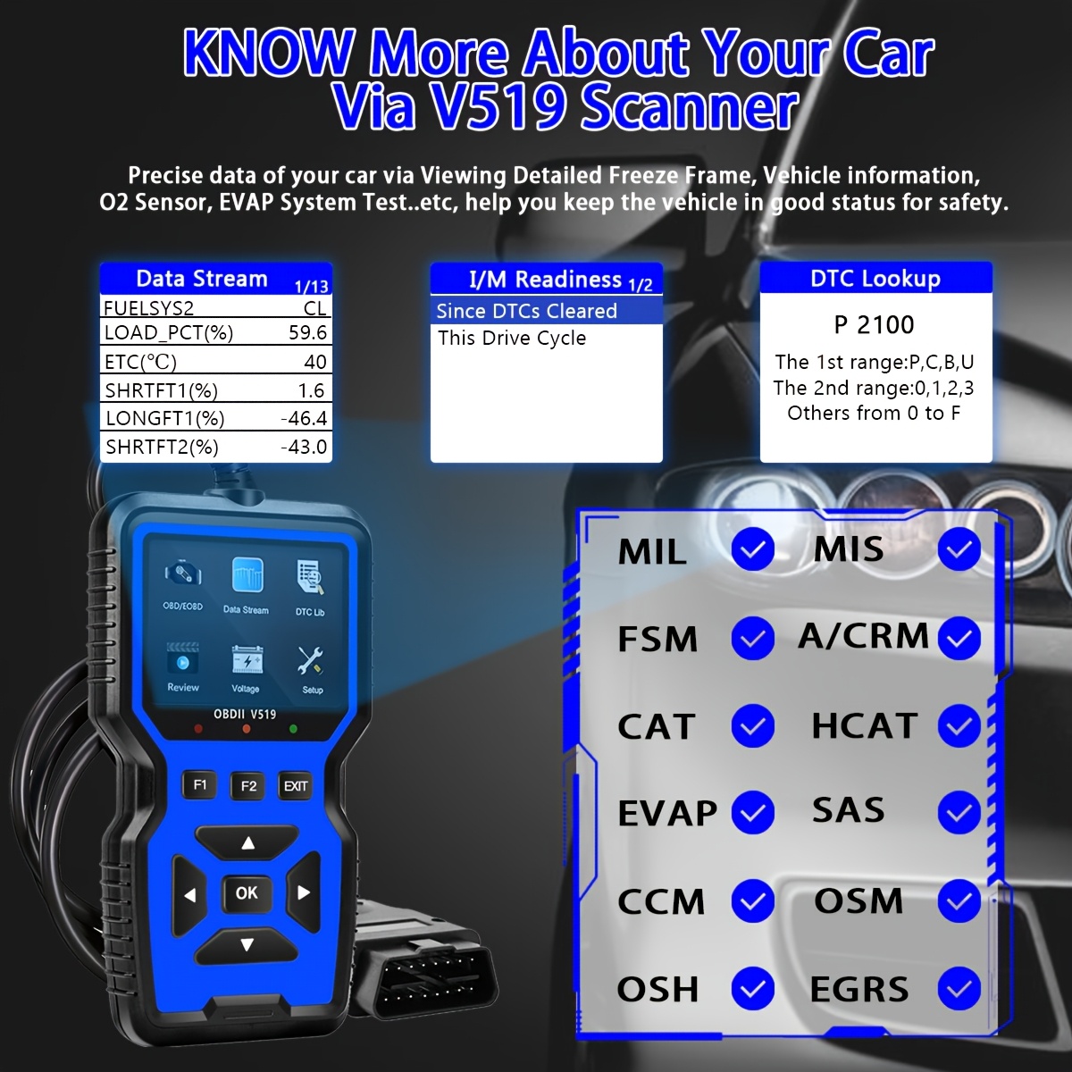V519 Scanner professionale OBD2 alimentato, strumento diagnostico dati in tempo reale per controllare le luci del motore nella maggior parte delle auto
