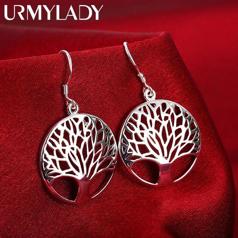 Nuevos pendientes de plata de ley 925 para mujer, joyería de calidad, árbol redondo tallado hueco, regalos de navidad