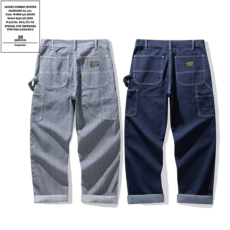 OKONKWO Original Denim travailleurs ferroviaires pantalon AMEKAJI Multi poche rayé travail salopette en plein air Trekking randonnée Camping pantalon