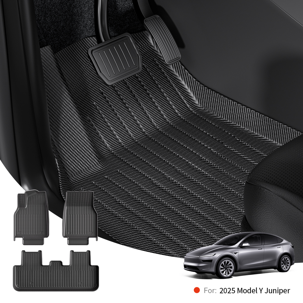 Tapis de sol TPE pour Tesla Model Y Juniper 2026, motif fibre de carbone, imperméable, antidérapant, tapis de coffre, tapis de dossier.