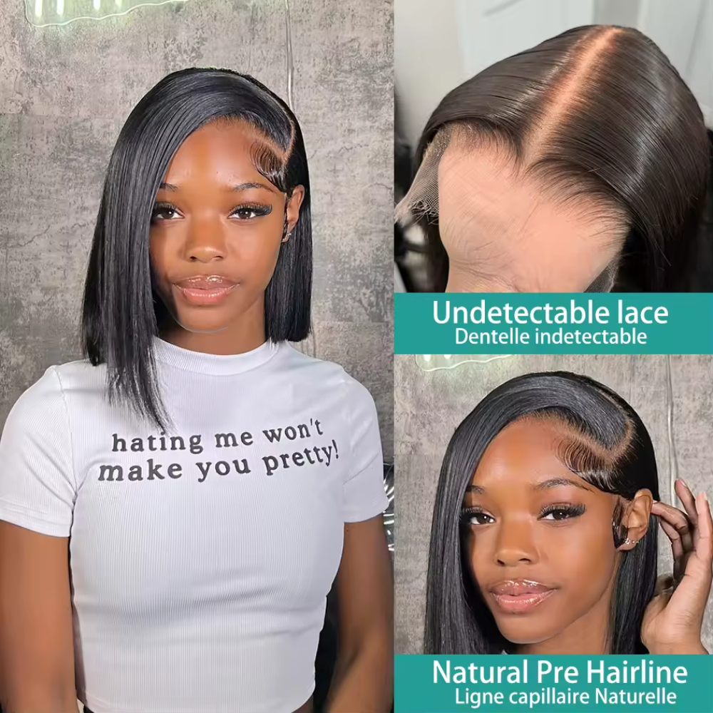 Kort, recht bob pruik van echt haar, natuurlijke kleur, 13x4 oor-tot-oor HD transparante kant frontale bob pruiken, voorgeplukte haarlijn met babyhaar, lijmloos, kant-en-klaar te dragen, Remy echt haar, stompe bob pruik.