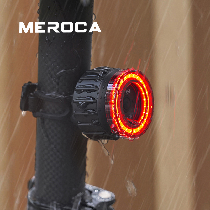 MEROCA ไฟท้ายจักรยาน USB ชาร์จการมองเห็นสูงมัลติฟังก์ชั่นกระพริบพร้อมเซ็นเซอร์เบรคไฟท้าย MTB ROAD BIKE โคมไฟ