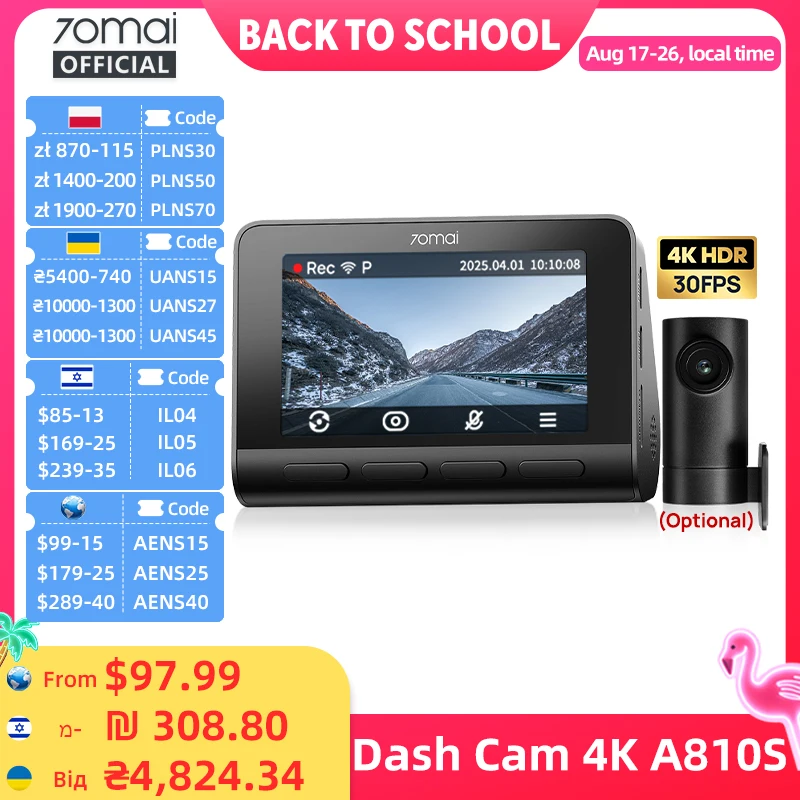 70mai A810S 4K Dash Cam IMX678 Dual HDR Supercapacitor 4G LTE Remote Control Wi-Fi 6 5GHz Voice Control GPS ADAS Car Camera