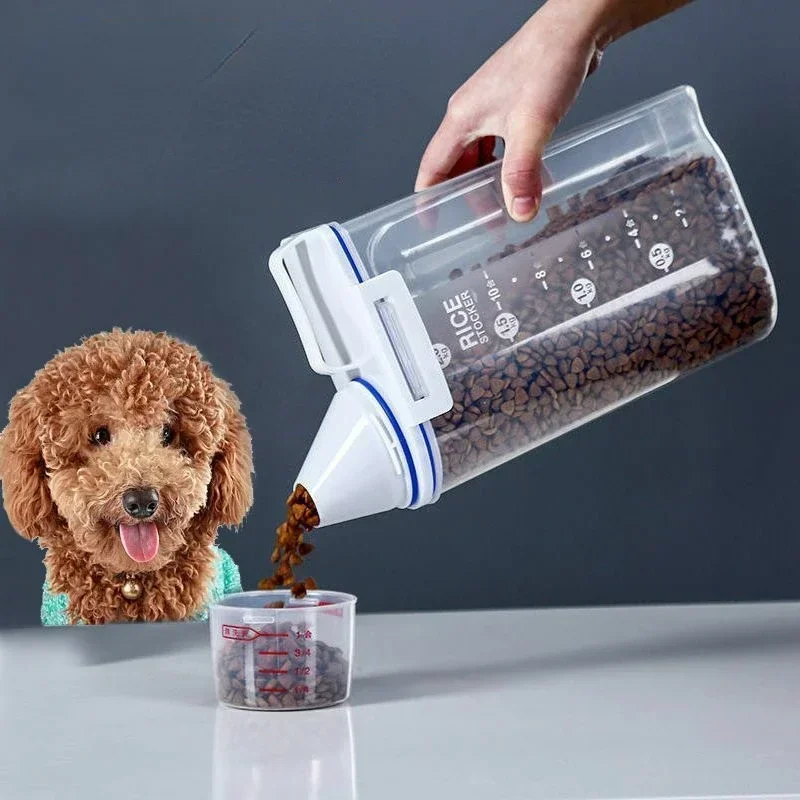 1,5 kg/2 kg Wiadro na karmę dla kotów Plastikowy zbiornik do przechowywania z pojemnikiem z miarką Odporny na wilgoć szczelny słoik Akcesoria dla zwierząt domowych