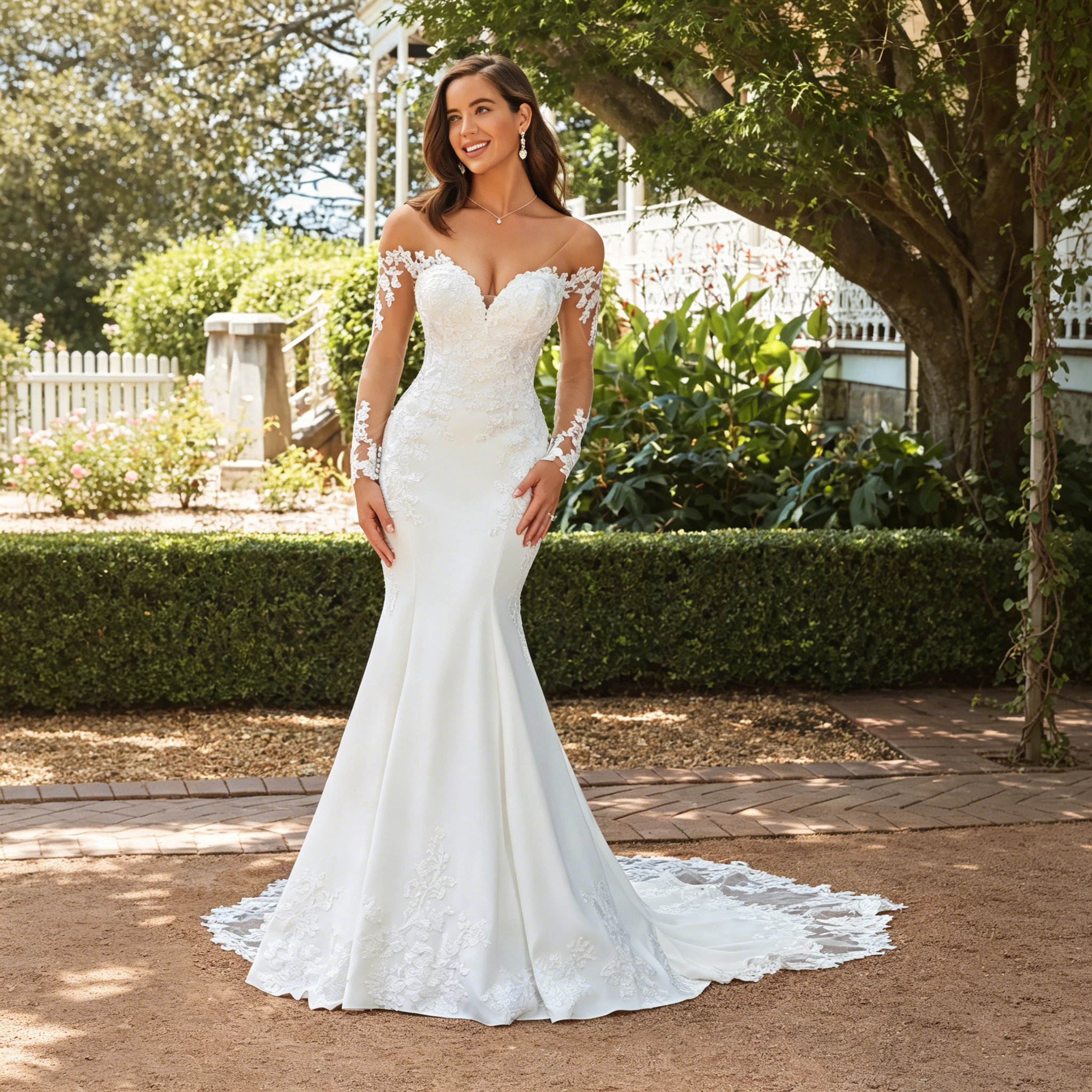 Vestido de novia elegante hombros descubiertos escote corazón silueta sirena mangas encaje transparente espalda ilusoria botones perla tren catedral satén tallas personalizadas boda exterior lujo delicado colección