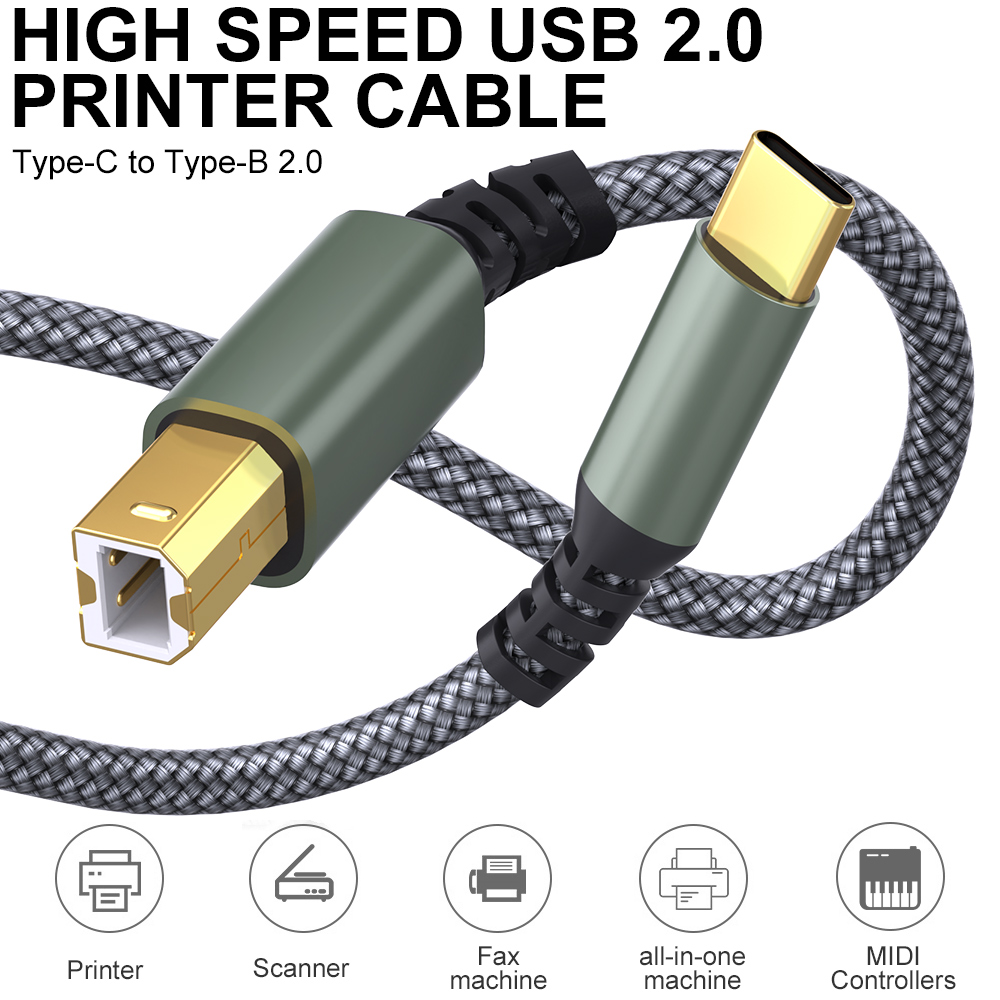 LAIHONEN USB Typ C auf USB B Druckerkabel Grau geflochtenes Druckerscanner-Kabel für Canon Epson HP Samsung USB-Druckerkabel