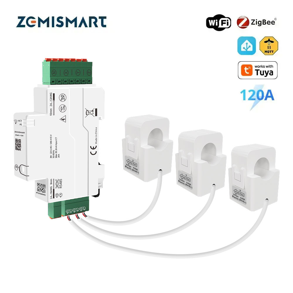 Compteur d'énergie Zemismart 120A Zigbee WiFi RS485, moniteur de puissance triphasé compatible Tuya avec transformateurs de courant à noyau divisé extractibles 120V 240V