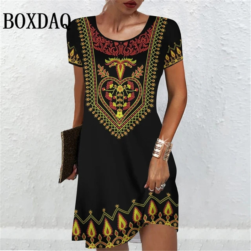 Damen Kurzarm Kleider Sommer Frauen Kleidung Vintage Blumendruck Mode A-Linie Kleid Casual Lady Lose Plus Size Kleider