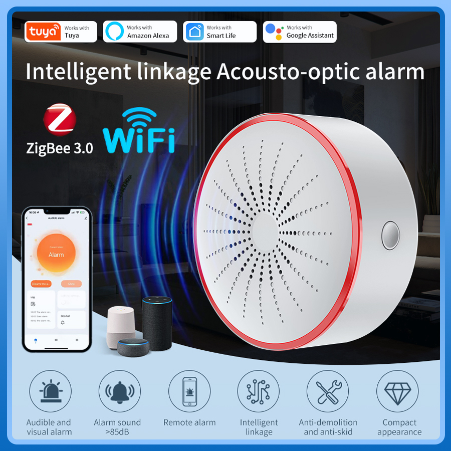 Tuya Wifi Zigbee Inteligentna Syrena Alarmowa do Bezpieczeństwa Domu Alarm Dźwiękowy i Świetlny Czujnik Sterowanie Aplikacją Smart Life Alexa Google Assistant