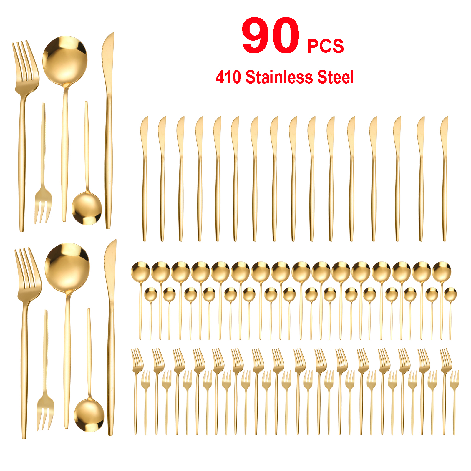Argenterie en acier inoxydable doré 90 pièces-couverts robustes, ensemble de vaisselle en acier inoxydable 420 pour mariage, Buffets, Restaurants