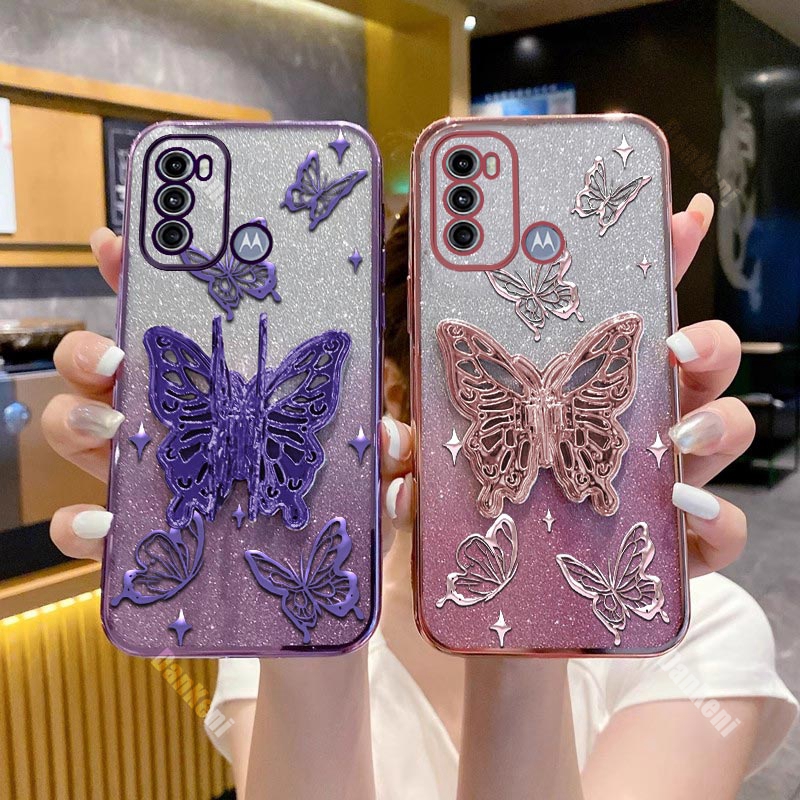 G60 Shiny Butterfly Plating Phone Holder Case For Motorola Moto G60 G40F G20 G42 G60S G62 G30 G24 G73 G32 G14 G52 G53 G9 Cover