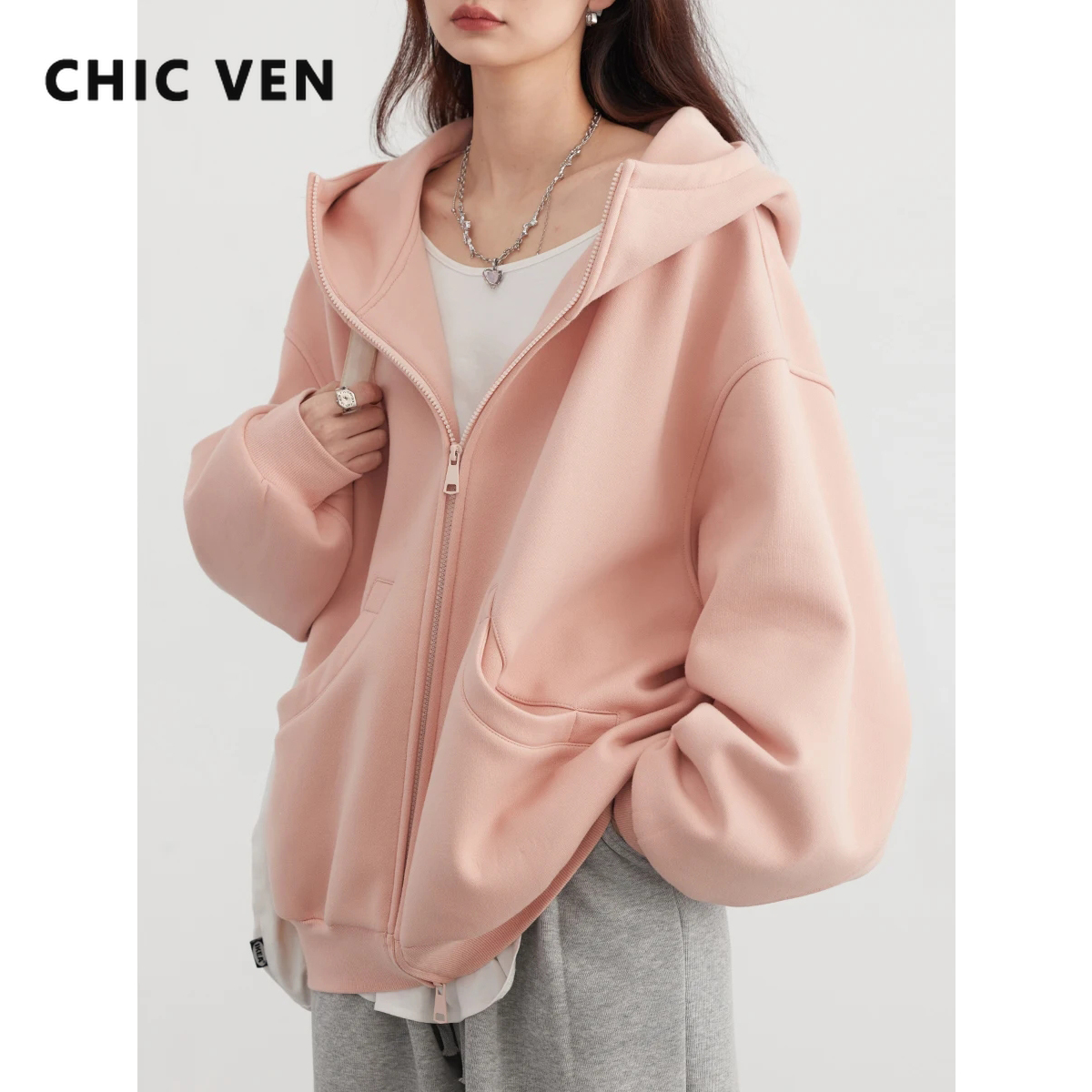 CHIC VEN-Sudadera holgada de manga larga con capucha para mujer, suéter de felpa con doble cremallera, abrigo de gran tamaño, informal, primavera y otoño, 2024