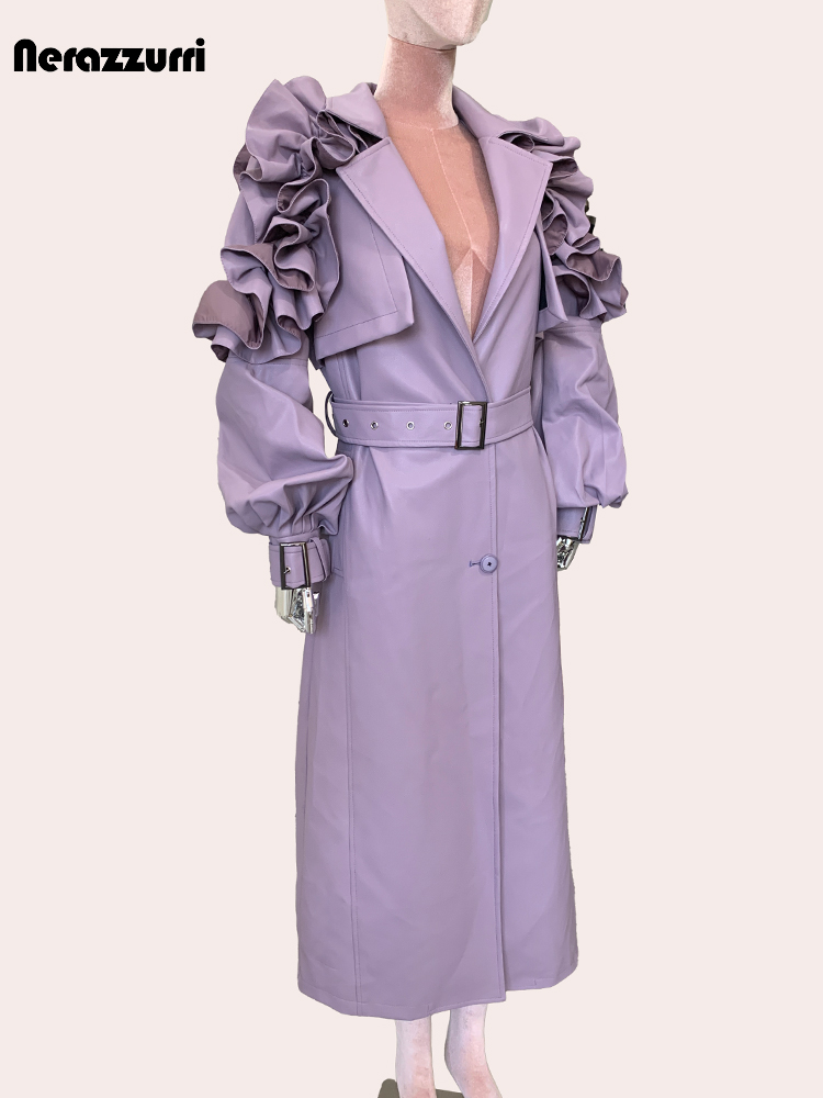 Nerazzurri-gabardina de cuero Pu púrpura con volantes para mujer, abrigo largo con cinturón, elegante y elegante, ropa de diseñador de lujo, Otoño, 2024