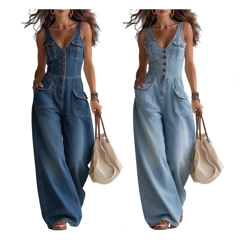 Stilvoller Damen-Jumpsuit, Jeans-Jumpsuit für Damen, V-Ausschnitt, weites Bein, Jeans-Overall, Sommer-Urlaubsoutfits mit Taschen