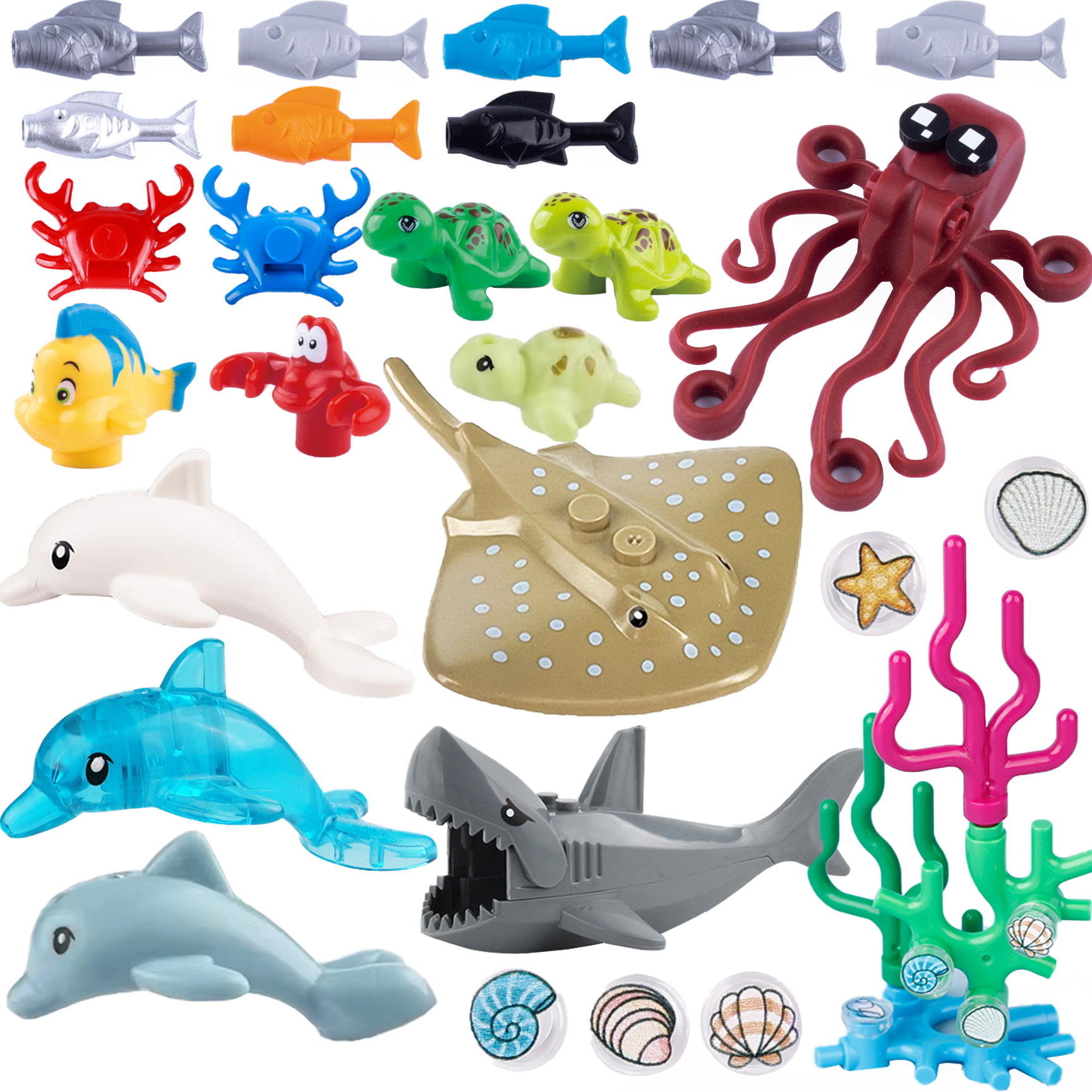 MOC Marine Animals Building Blocks Sea Scene Shark Octopus Manta Fish Clownfish Whale Crab Turtle Bricks Toys Children Gift